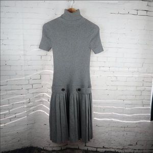MODA INTERNATIONAL GREY RIBBED TURTLENECK DROP WAIST PLEATED SKIRT SWEATER DRESS